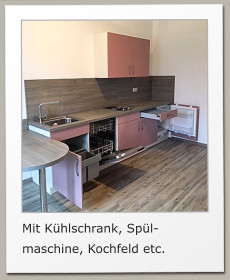 Mit Kühlschrank, Spül- maschine, Kochfeld etc.